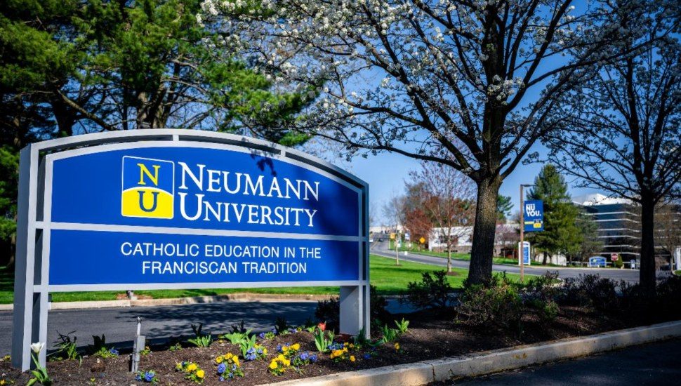 The entrance sign at Neumann University in Aston