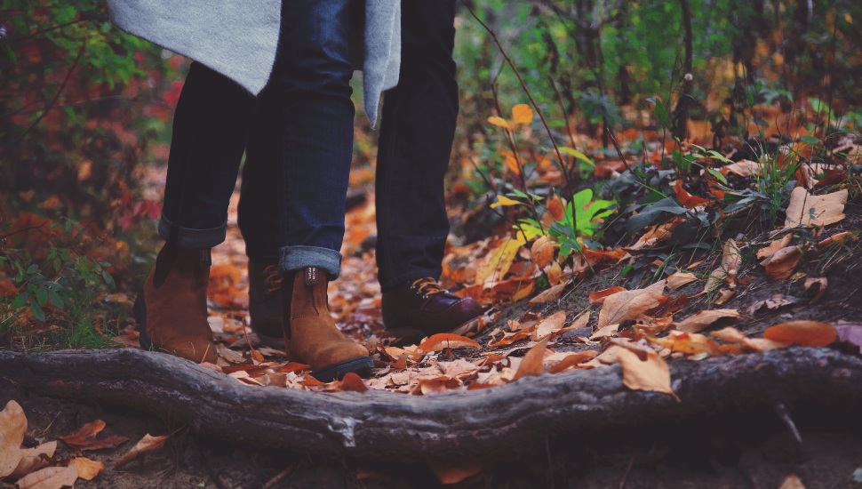 people walking in leaves.