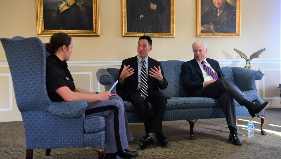 Glenn English and Charles Djou with a cadet from the Valley Forge Military Academy and College.