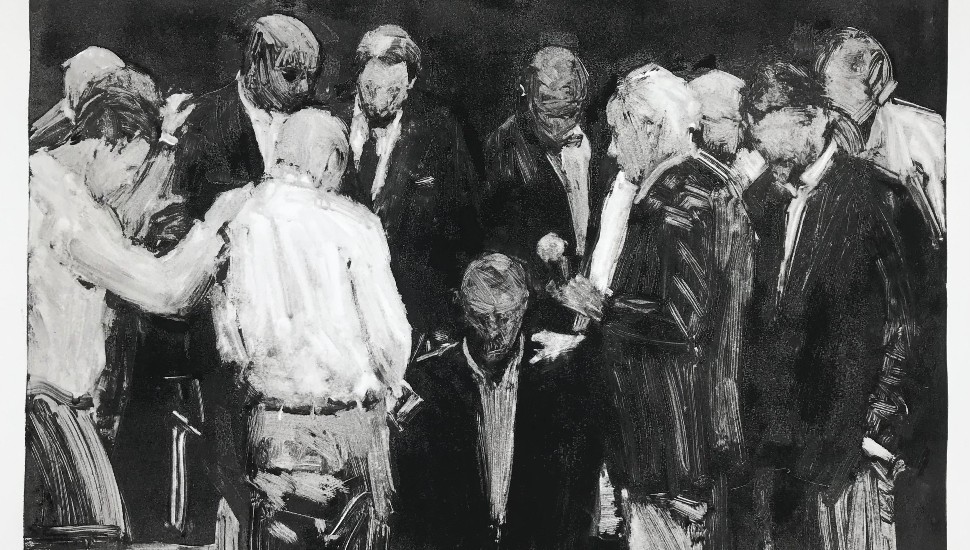 “Ordination” by Stephen Kennedy, dark field monotype, 2021, 18”x24” printmakers