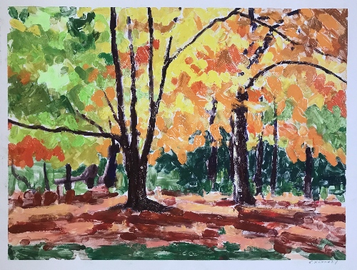 “Trees in Autumn” by Stephen Kennedy, monotype, 2018, 18”x24” Printmaker