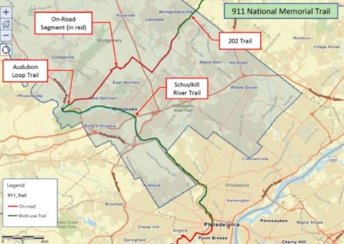 A map showcases a stretch of the Sept. 11 National Memorial Trail that goes through eastern Montgomery County. Image via Kelly Cofrancisco/Montgomery County, PA, the Main Line Times & Suburban.