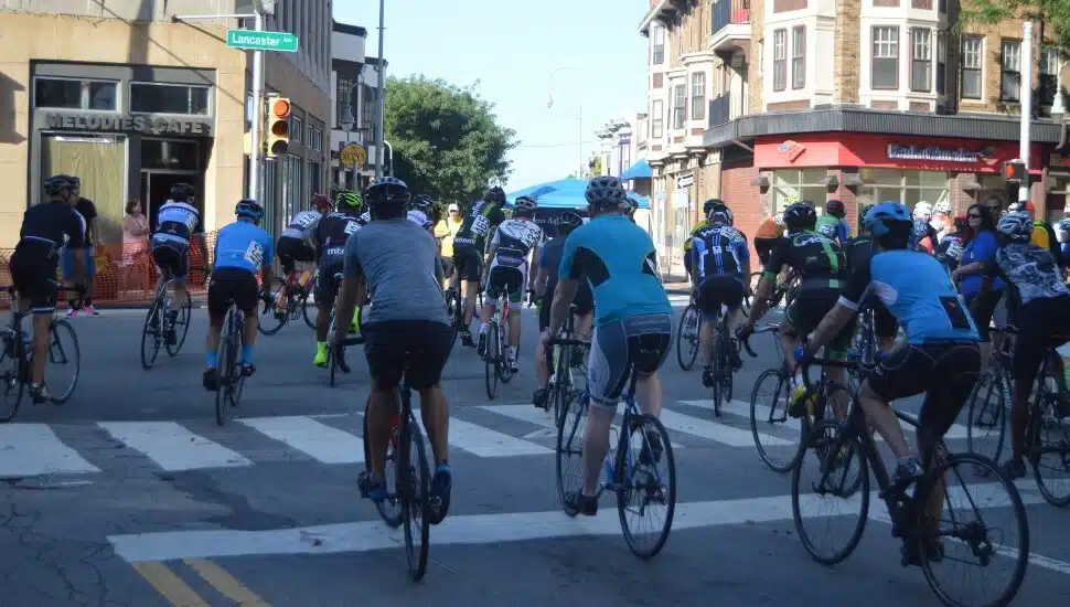 A bike race across Lancaster Avenue in Ardmore.