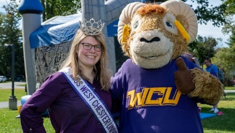 college student and mascot