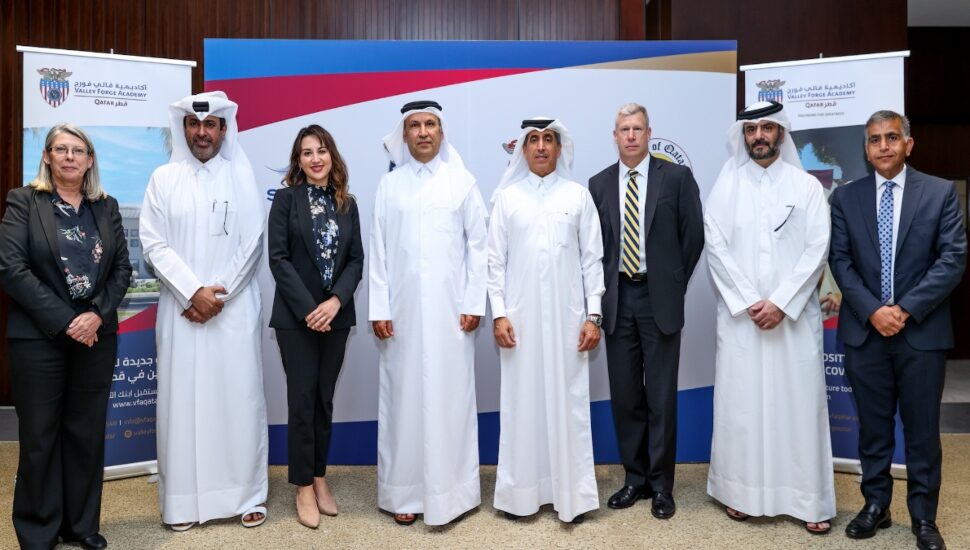 Colonel Stuart B. Helgeson, (third from right) with (from left) Clare Sharp, Mr. Abdulla Nasser Al-Naemi, Natalie A. Baker, Eng. Saad Ebrahim Almuhannadi, H.E. Dr. Ibrahim Bin Saleh Al-Naimi, Mr. Omar Al Namaa, Mohamed Dobashi