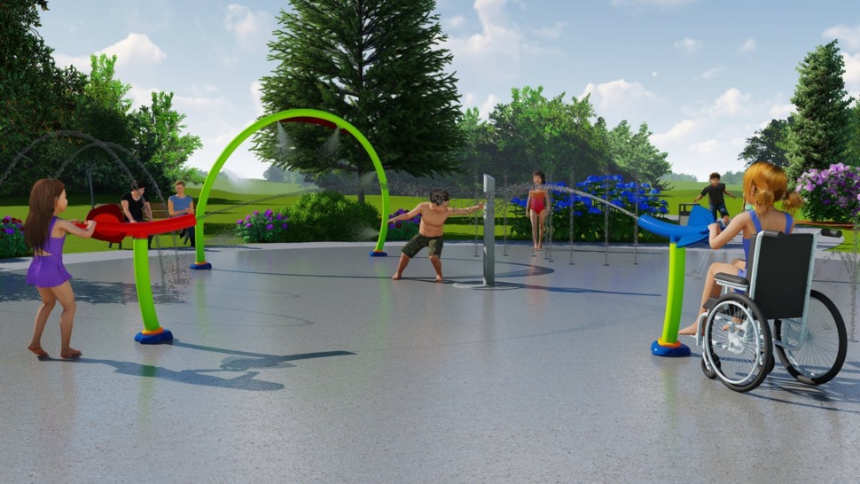 An artist's rendering of kids playing at an AquaSmart Splash Pad.