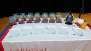 Hall of Fame awards on a table