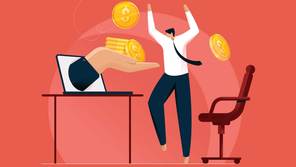 man with coins over his head