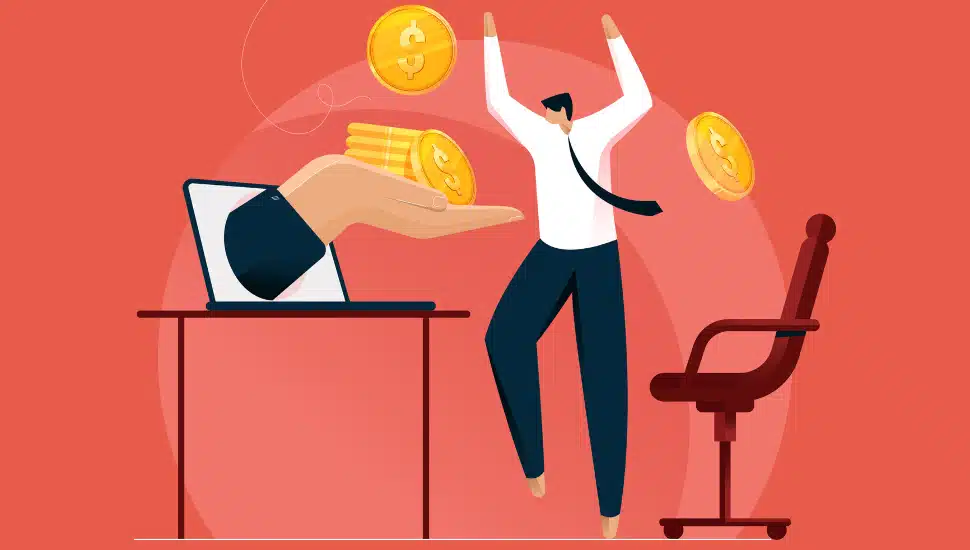 man with coins over his head