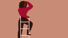woman atop a ladder