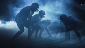 football players in the mist