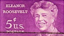 woman on purple stamp