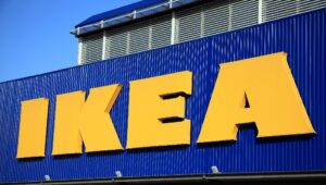 IKEA sign close up on building.