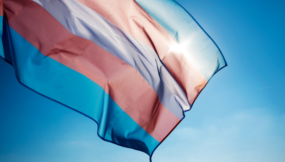 closeup of a transgender pride flag waving on the blue sky, moved by the wind, with the sun in the background