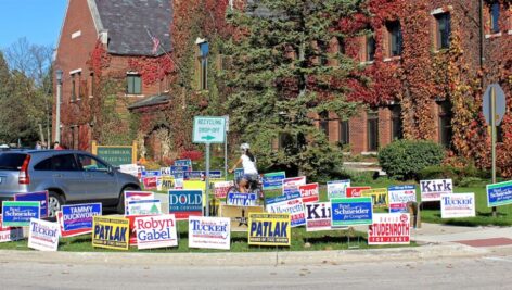 orner plot overrun with lawn signs