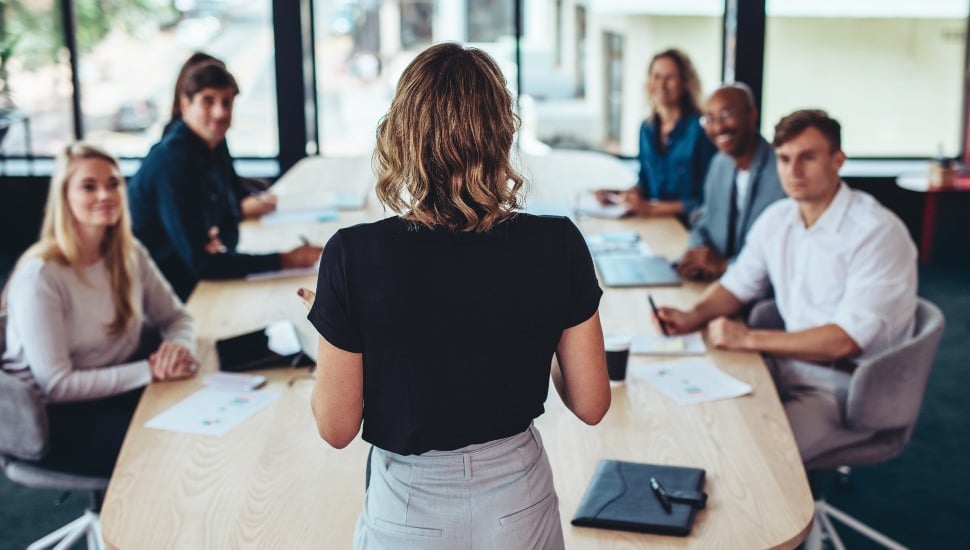 businesswoman addressing a meeting in office.
