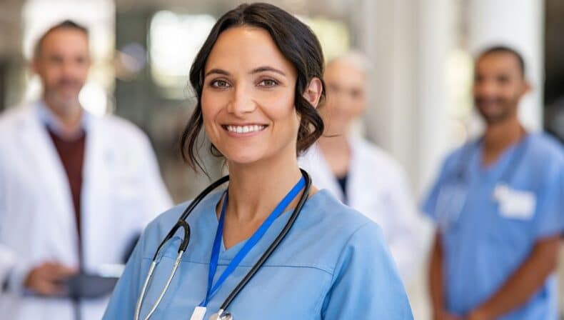 Portrait of smiling young nurse in uniform smiling with healthcare team in background.