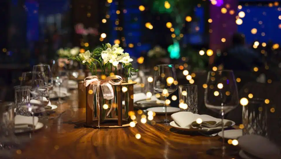 decorated table with plates and glasses