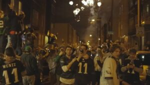 people celebrating in a street