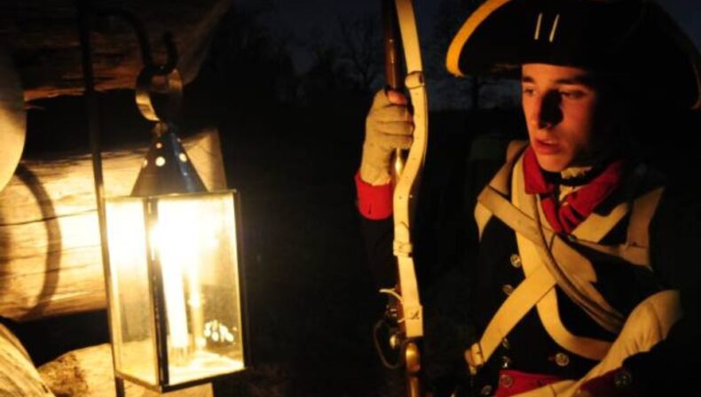 soldier by lantern, depicting historic seasonal sights