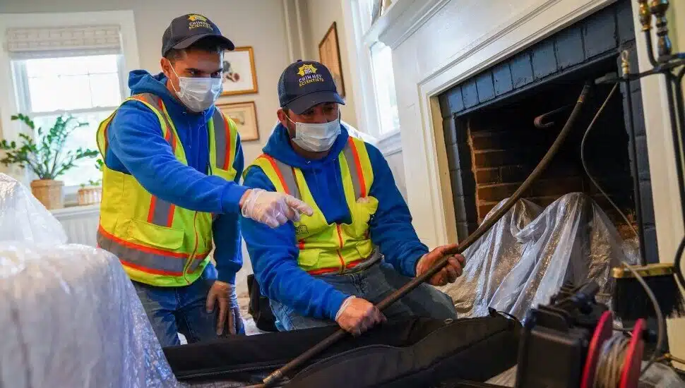 staff at Chimney Scientists work on a fireplace on the Main Line