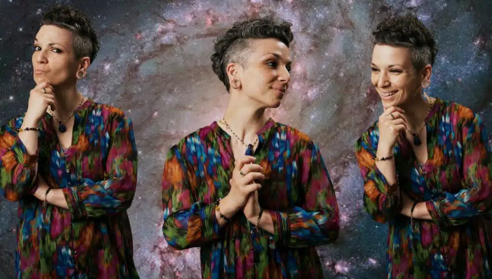 woman in colorful shirt