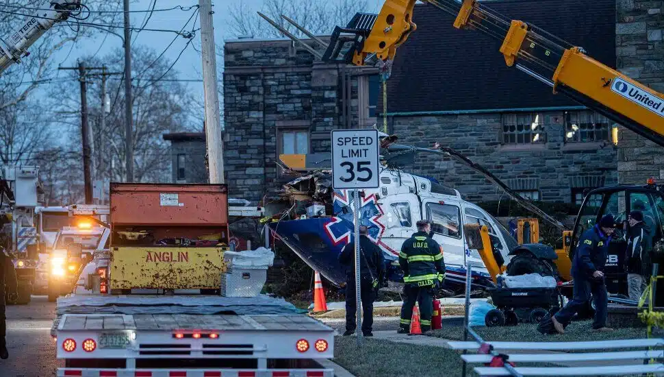 Helicopter is removed from accident scene in Drexel Hill