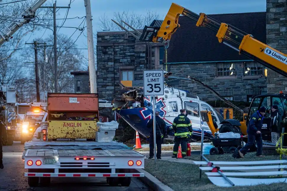 Helicopter is removed from accident scene in Drexel Hill