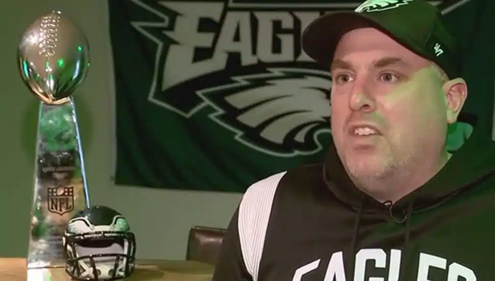 eagles fan whose memorabilia includes turf from Veterans Stadium