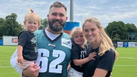 Jason and Kylie Kelce with Wyatt and Elliotte