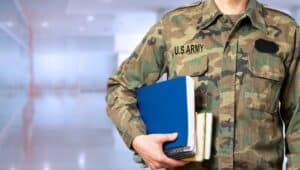 Soldier uniform man holding books school hallway