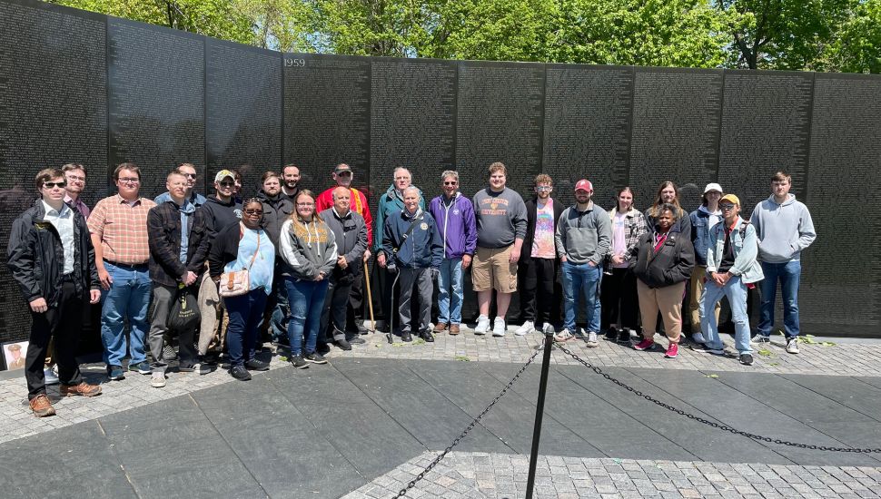 Professor of History Bob Kodosky, pictured center wearing a purple jacket, and WCU students who conducted the oral history interviews along with several local veterans from VVA 436 and the Marine Corps. League who participated in the project.