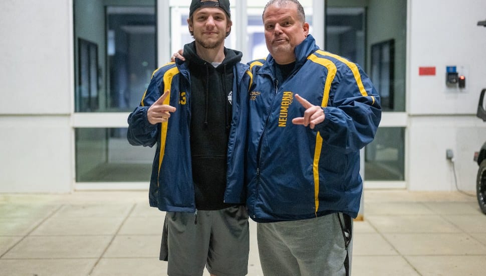 Ridley Park’s Zachary Deemer and Drexel Hill’s Lee Strofe of the Neumann University national champion roller hockey team.