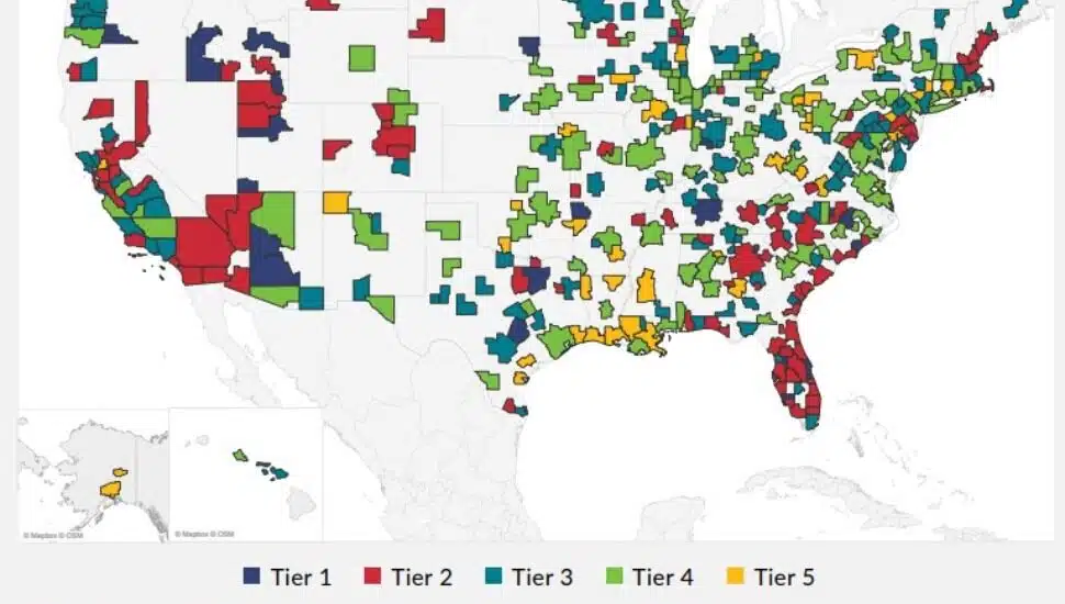 The top performing cities in 2023 broken down by five color-coded tiers, with Tier 1 the best performing and Tier 5 the bottom-performing cites in the report.
