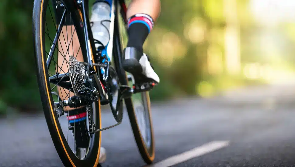 Riding a bike.