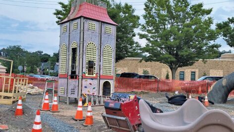 A Fonthill Castle-Themed playground in Newtown Square is being built. A replica of the Fonthill Castle tower dominates the construction site.