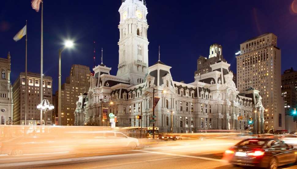 Philadelphia City Hall at night.