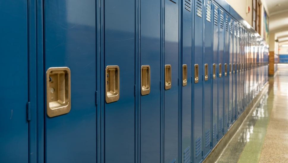 high school lockers in the hallway.