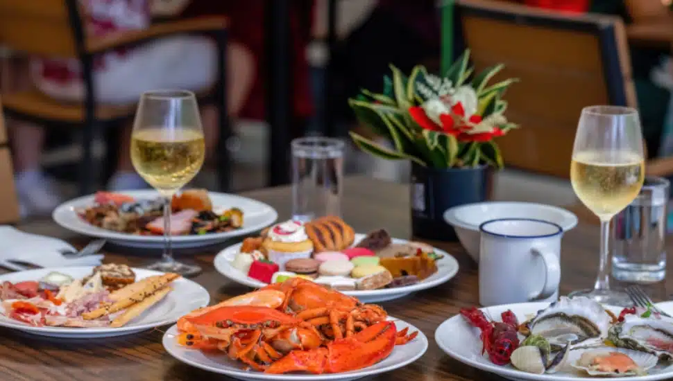 A table filled with food and drink.