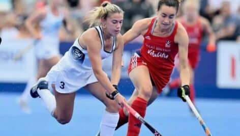 Ashley Sessa (left) competes in the FIH Hockey Pro League.