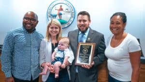 Mayor Yaniv Aronson, his wife Sarah and son Thomas with state Rep. Greg Scott and Montgomery County Commissioner Jamila Winder.