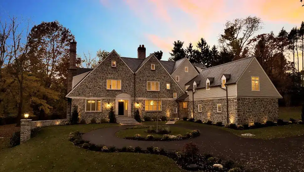 Gladwyne property mansion exterior, evening sunset