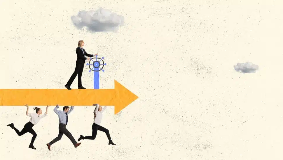 collage concept three employees holding orange arrow pointing right with employee standing on top holding a wheel