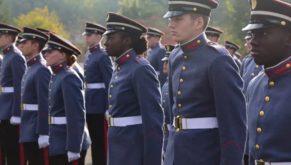 A Valley Forge Military Academy & College platoon in dress uniform.