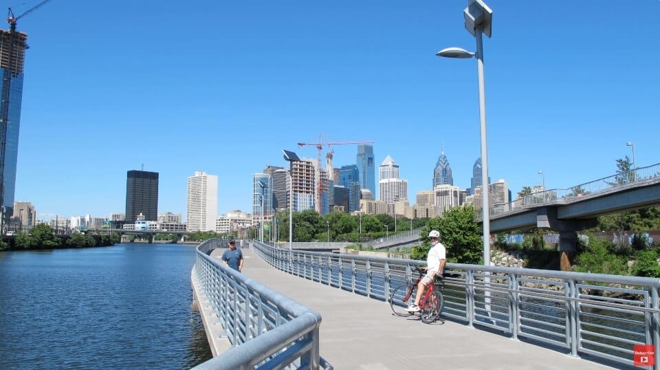 Schuylkill River Trail boardwalk near South Street. While both the Schuylkill River Trail and Delaware River Trail are not continuous, there are currently plans to connect the gaps, with some projects already underway.