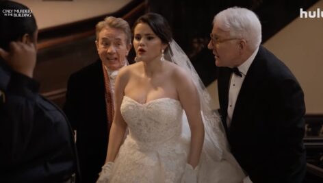 Selena Gomez wearing wedding dress from conshohocken's david's bridal with steve martin and martin short in only murders in this building