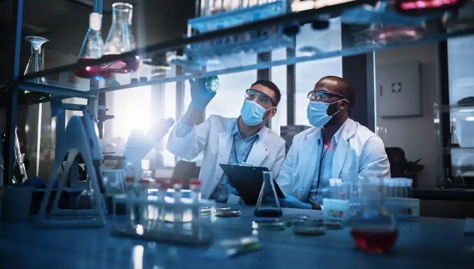 Modern Medical Research Laboratory: Two Scientists Wearing Face Masks use Microscope