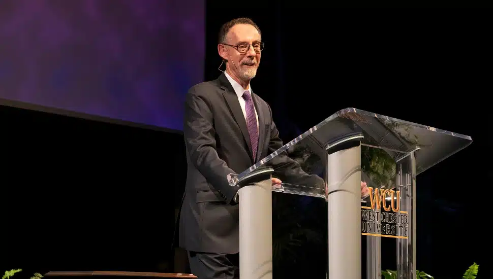 Dr. Chris Fiorentino, president of West Chester University, gives his final welcome back address from the Asplundh auditorium stage at West Chester University