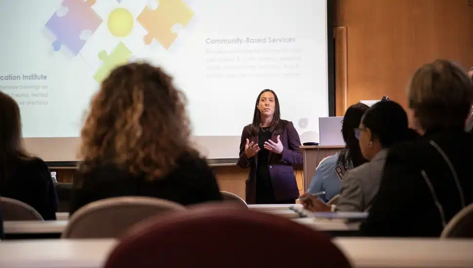 Andrea Griffith, chief development officer of The Lincoln Center for Family and Youth and project director of the Violence Intervention and Prevention Program (VIPP), speaks at Mercy Fitzgerald Hospital during a kickoff event for the VIPP on October 5.