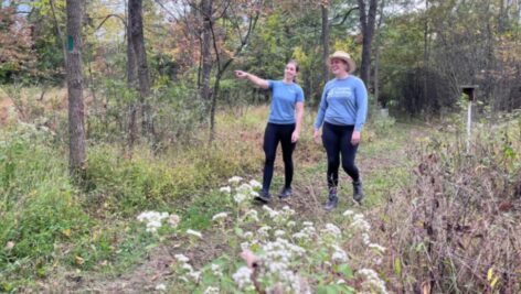 Margaret Rohde, Wissahickon Trails’ conservation manager and Freya McGregor, owner and consultant of Access Birding, discuss trail accessibility features at Armentrout Preserve.